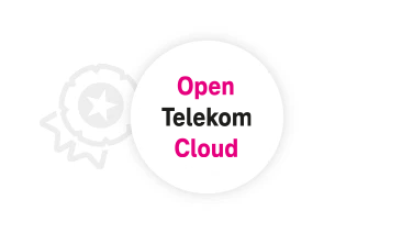 Open Telekom Cloud Logo auf weißem Hintergrund mit einer hellgrauen Auszeichnung.