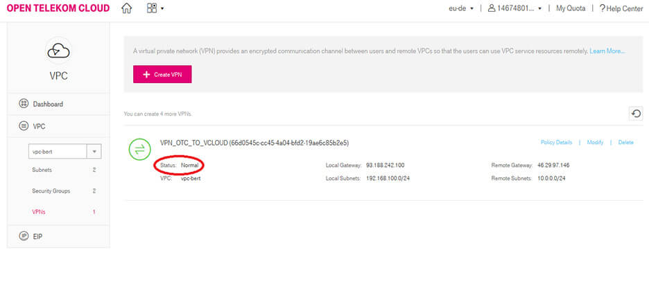Screenshot showing normal status for the Open Telekom Cloud VPN.