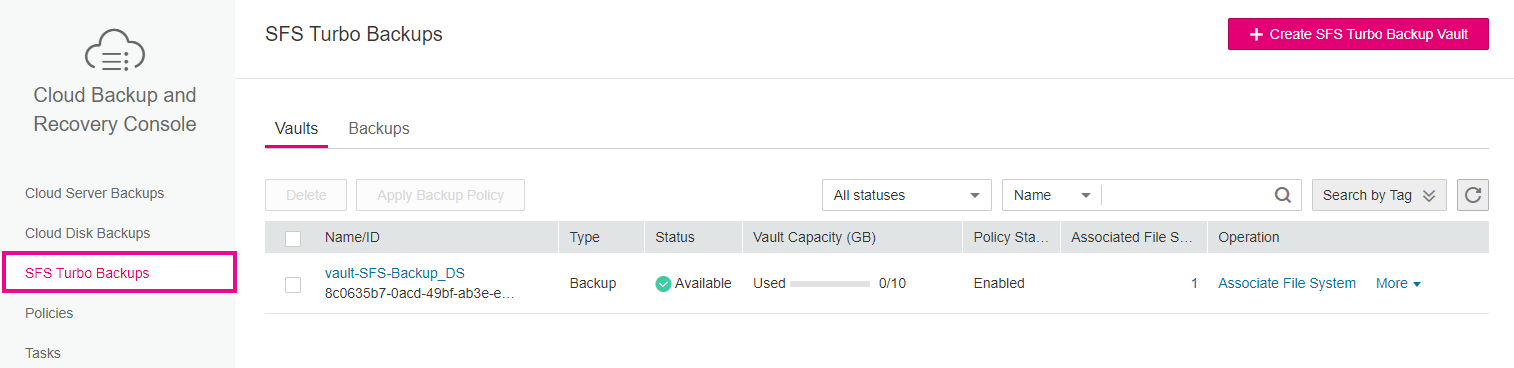 SFS Turbo Backup Interface