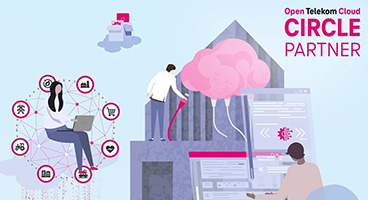 Illustration of people on clouds connecting to the Open Telekom Cloud in various ways