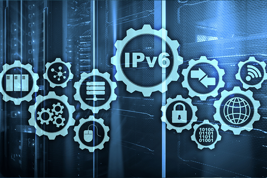 IPv6 Internet protocol in front of server room background