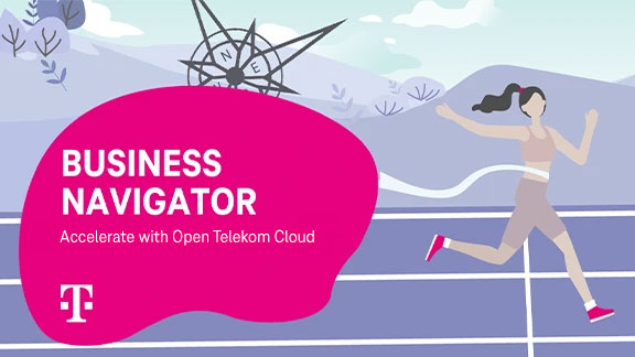 Cartoon representation of the Open Telekom Cloud Business Navigator in the form of a runner on a track.