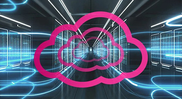 Data moving around the server room, with the Open Telekom Cloud logo in the foreground.