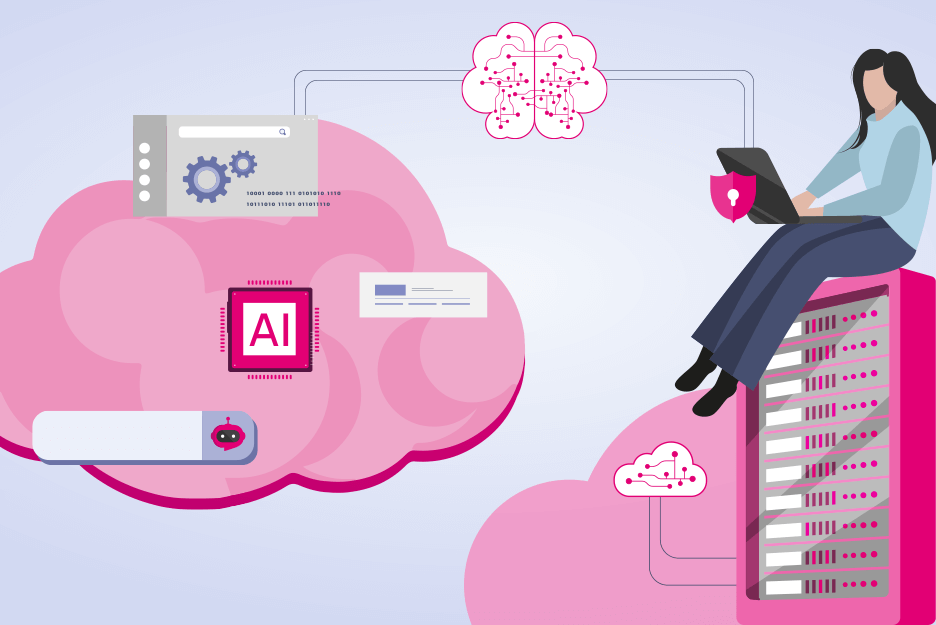 Illustrration mit Wolke und Icons sowie ein Server auf dem eine Frau mit Laptop sitzt