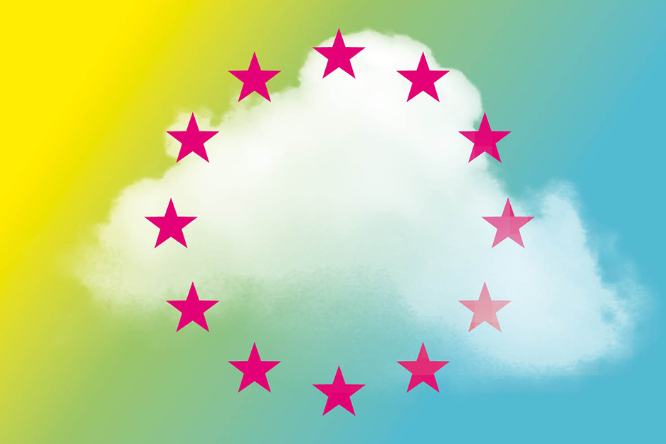 White cloud on a colorful gradient background (yellow, green, blue) with magenta stars arranged in a circle, inspired by the European flag.