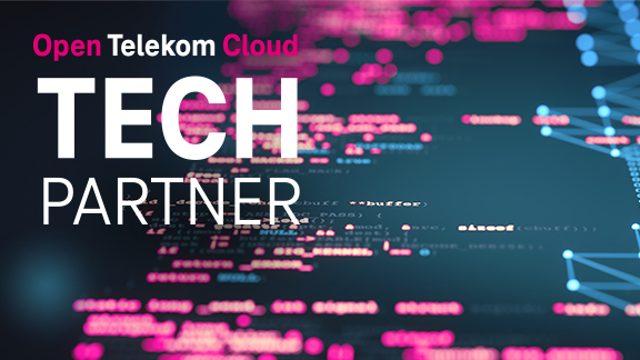 TechPartner Logo mit verschwommenen Software-Code im Hintergrund