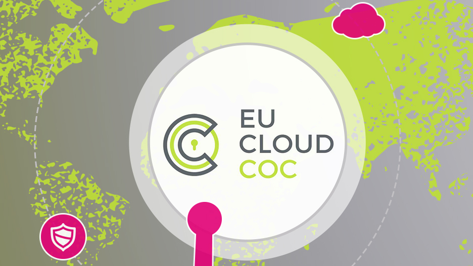 Logo des EU Cloud Code of Conduct vor stilisierter Weltkarte, Symbol für Datenschutz und Cloud-Compliance in der Open Telekom Cloud.