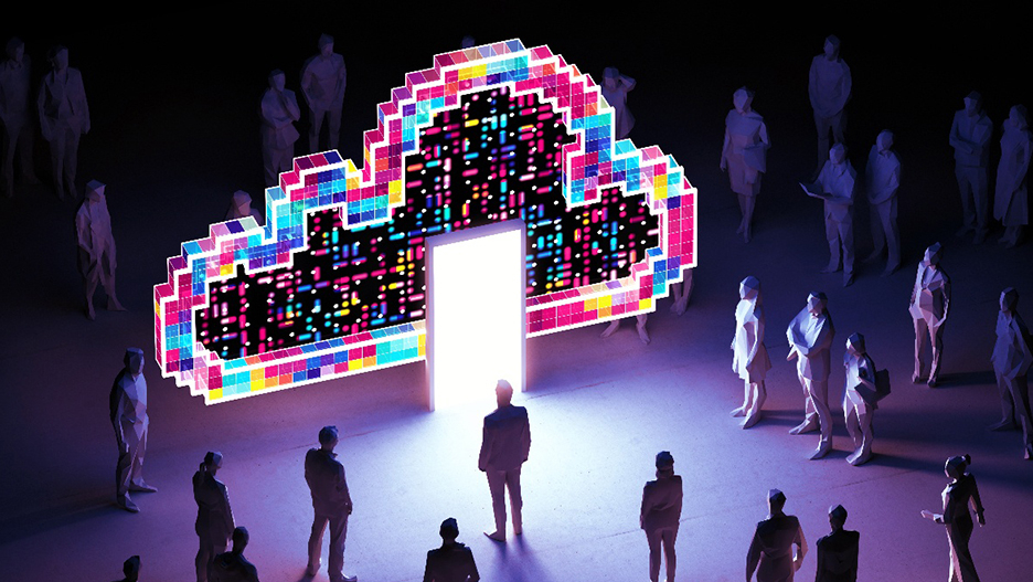 Secure cloud for businesses: a key to competitiveness for SMEs People gather in front of a glowing portal shaped like a colorful cloud – a symbolic representation of digital transformation and the boundless possibilities of cloud technology.