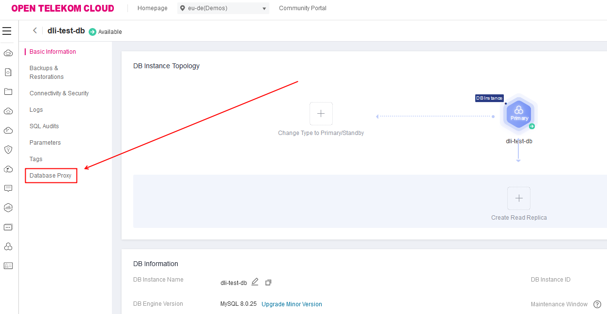 Screenshot Menüpunkt Database Proxy