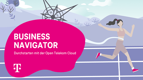 Comichafte Darstellung des Open Telekom Cloud Business Navigator in Form einer Läuferin auf einer Laufbahn.