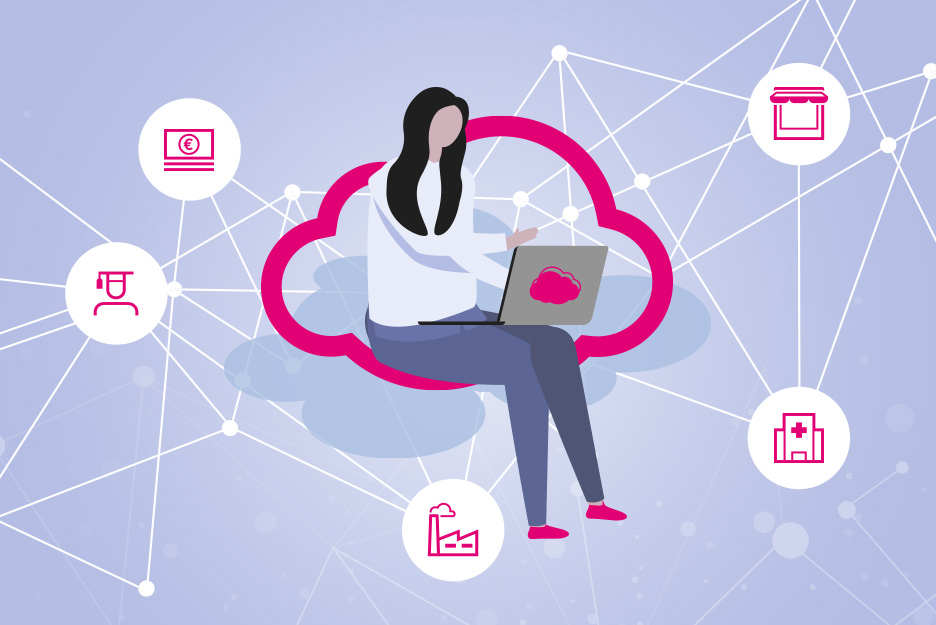 Illustration mit einer Frau, die mit einem Laptop in einer Wolke sitz, umgeben von Icons zu verschiedenen Unternehmensbranchen