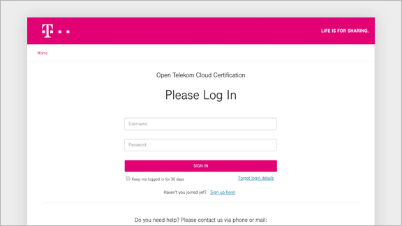 Open Telekom Cloud Zertifizierung: Registrierungsbildschirm