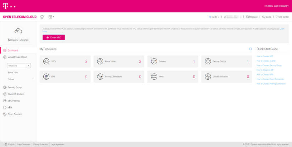 Screenshot des Open Telekom Cloud Dashboards.