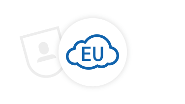 Eine blue Wolke mit EU in der Mitte auf weißen Hintergrund mit einem Datenschutzsymbol.