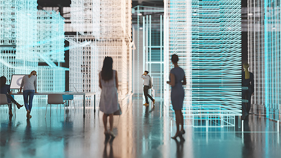 Several people in a futuristic room