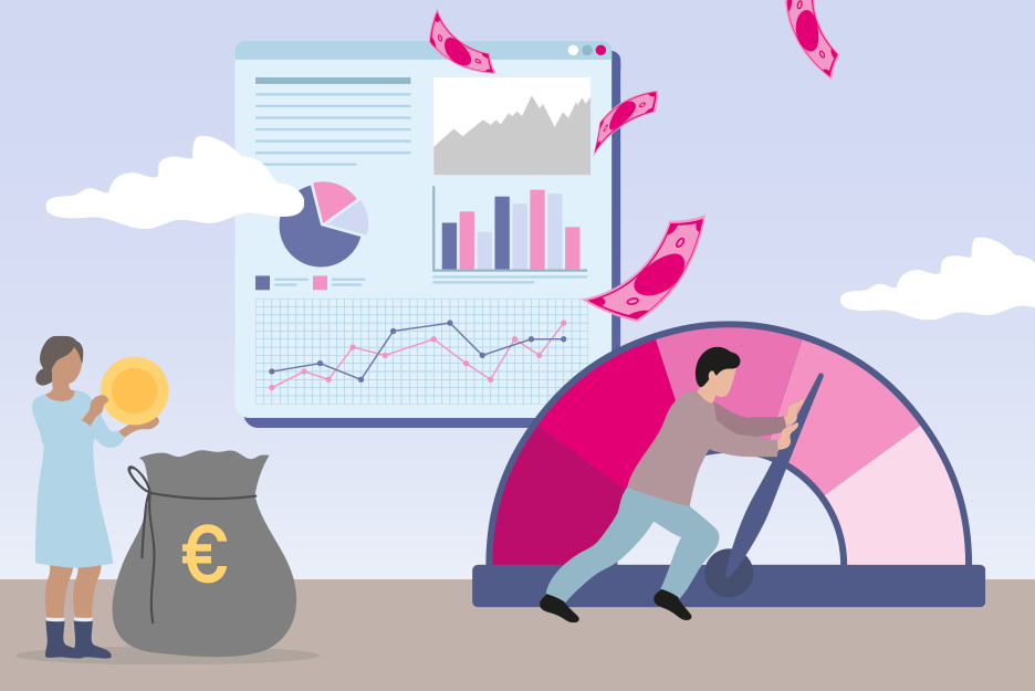 Cloud Cost Optimization An illustration with two people, money, diagrams, and a gauge.
