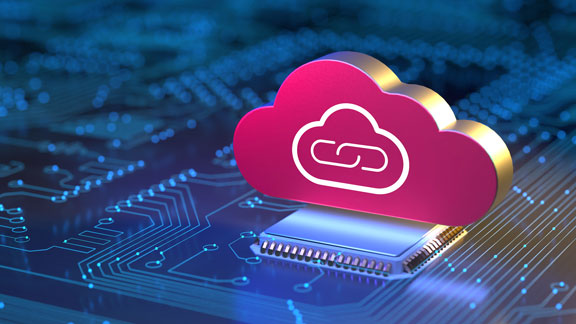 Circuit board with cloud symbolizing the Open Telekom Cloud