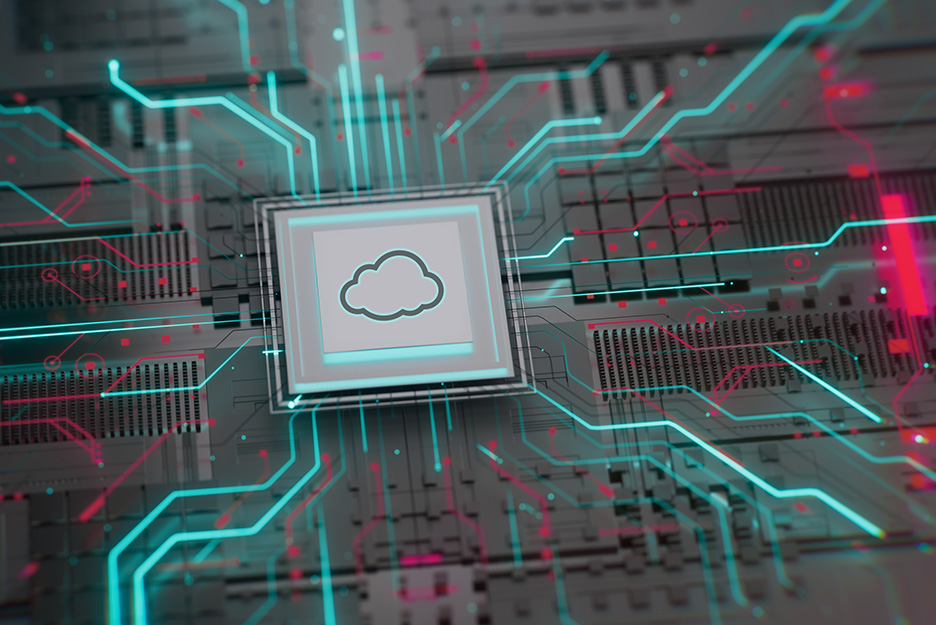 The latest generation of Intel CPUs for the Open Telekom Cloud data centers Symbolic representation of a cloud chip on a circuit board with digital data streams.
