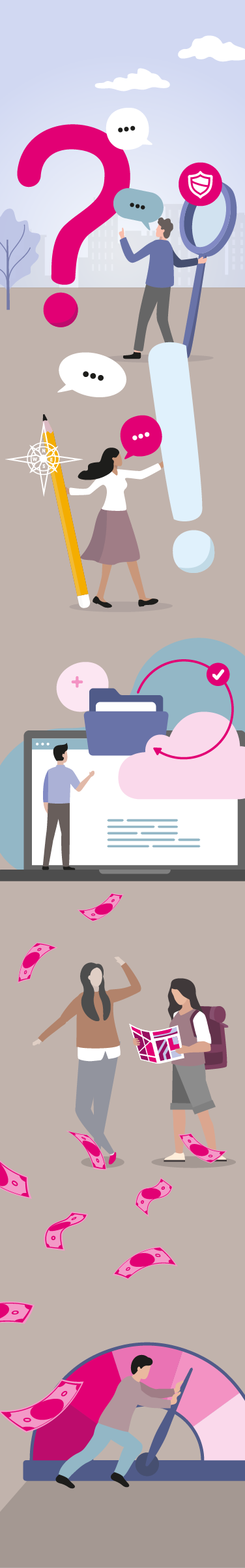 Illustration mit Figuren und Satzzeichen, Wanderer mit Karte