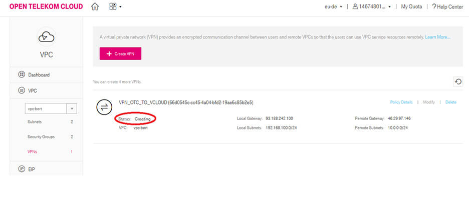 Screenshot showing how to create a VPN on Open Telekom Cloud.