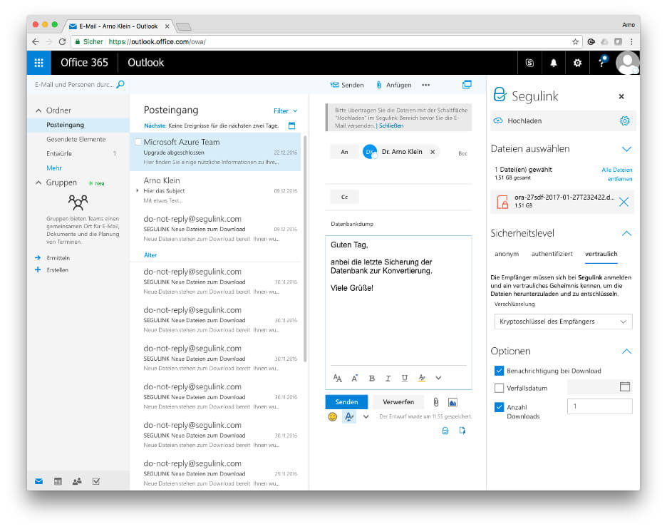 Screenshot eines Outlook-Posteingangs mit Segulink-Verknüpfung