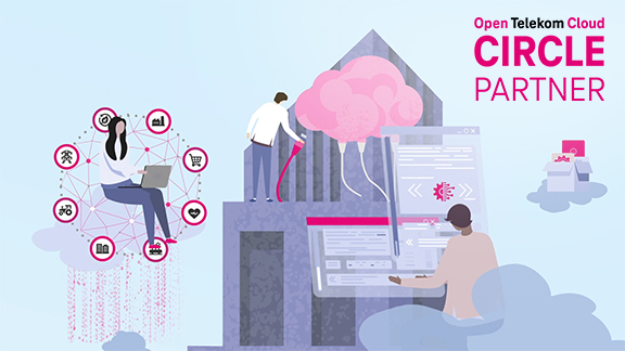 Illustration von Personen auf Wolken, die sich auf verschiedene Weisen mit der Open Telekom Cloud verbinden