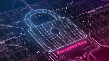 Illustration of a digital padlock with the words Encrypted Data