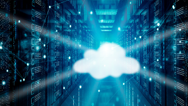 Server room with white cloud in foreground