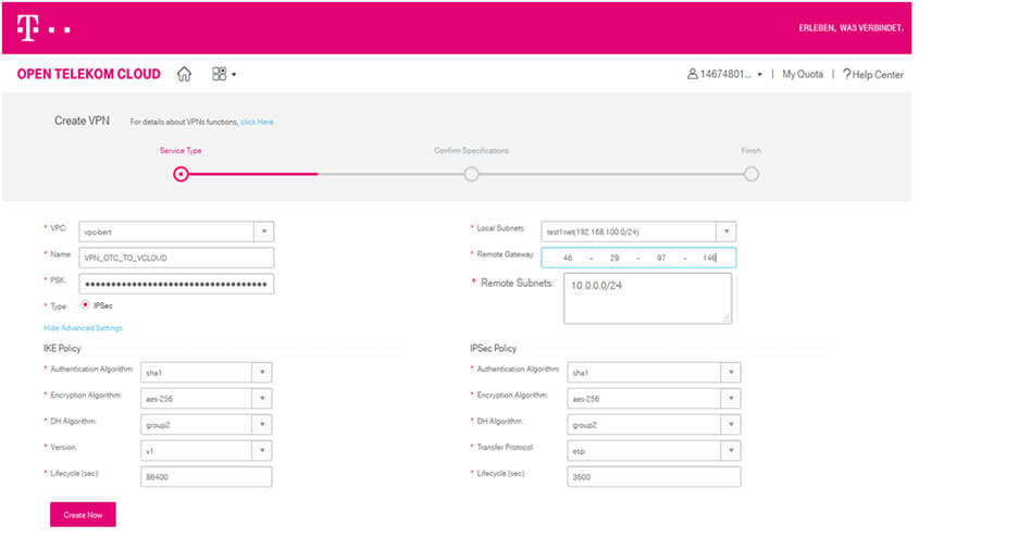 Screenshot showing how to create a VPN on Open Telekom Cloud.