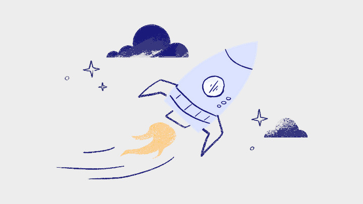 Zeichnung einer Rakete, die durch den Wolkenhimmel fliegt.