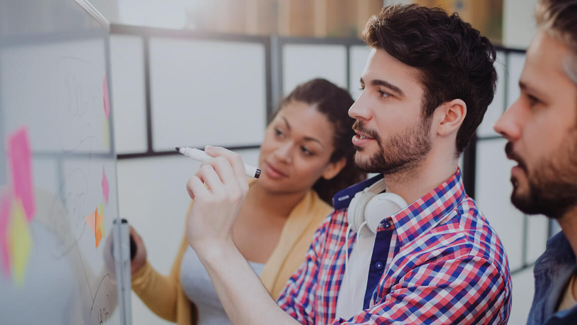 Woman and men in front of a whiteboard