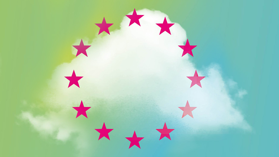 Digitale Souveränität im Zentrum der Europäischen Cloud-Landschaft Weiße Wolke auf buntem Farbverlauf-Hintergrund (gelb, grün, blau) mit magenta Sternen in Kreisform, inspiriert von der Europaflagge.