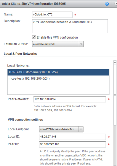 Oberfläche beim Erstellen eines Virtual Private Network in der DSI vCloud.