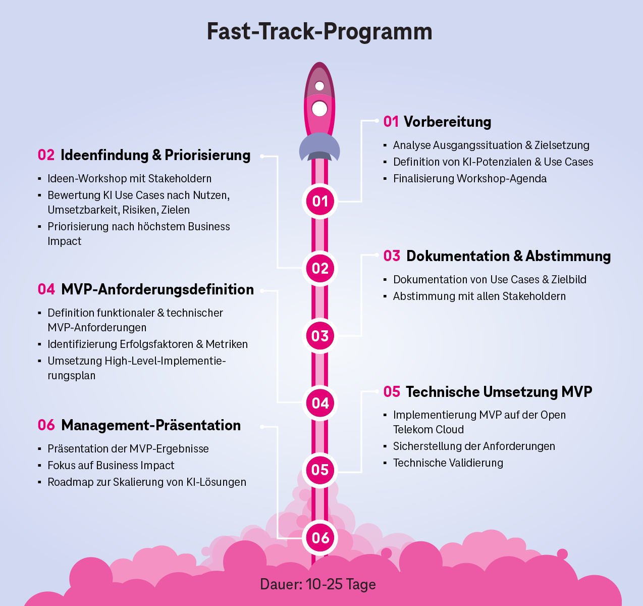 Ablauf des Fast-Track-Programms zur Einführung von KI: strukturierter Prozess von der Use-Case-Identifikation bis zur Umsetzung eines MVP in der Open Telekom Cloud.