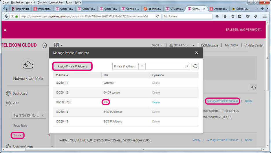 Screenshot zeigt Open Telekom Cloud Oberfläche zum Verwalten der privaten IP-Adressen.