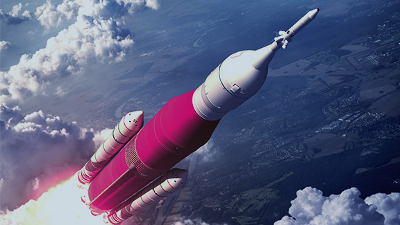 A magenta coloured rocket flies through the clouds.