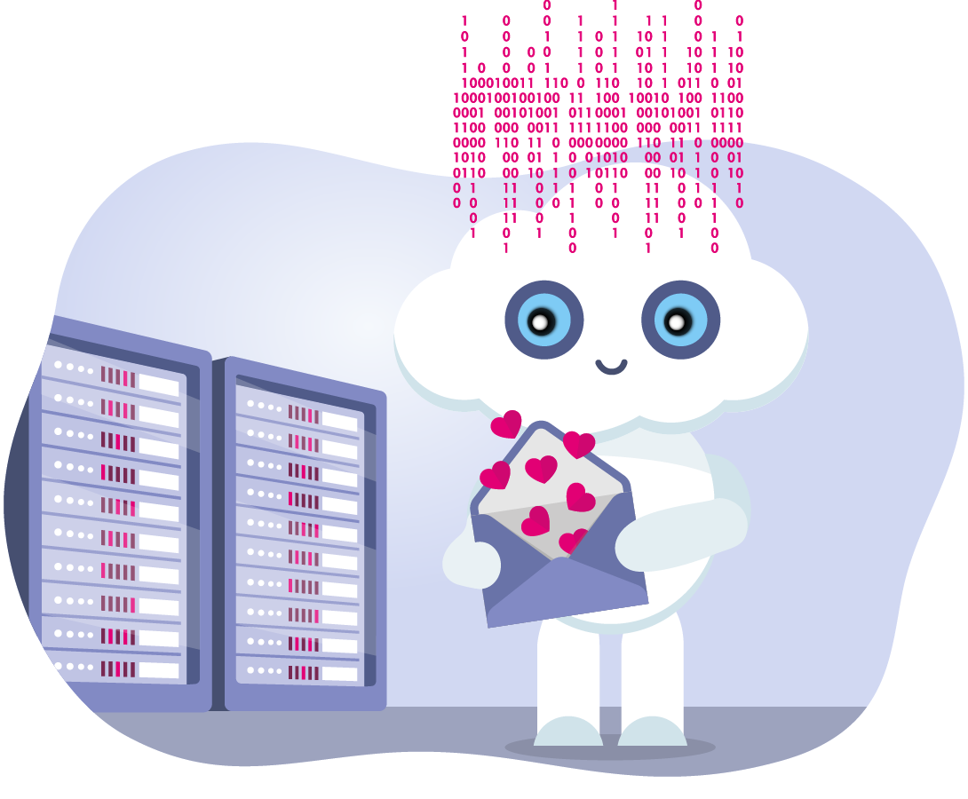 Illustration Figur mit einem Wolkenkopf und Briefumschlag in der Hand  aus dem kleine Herzen herauskommen  