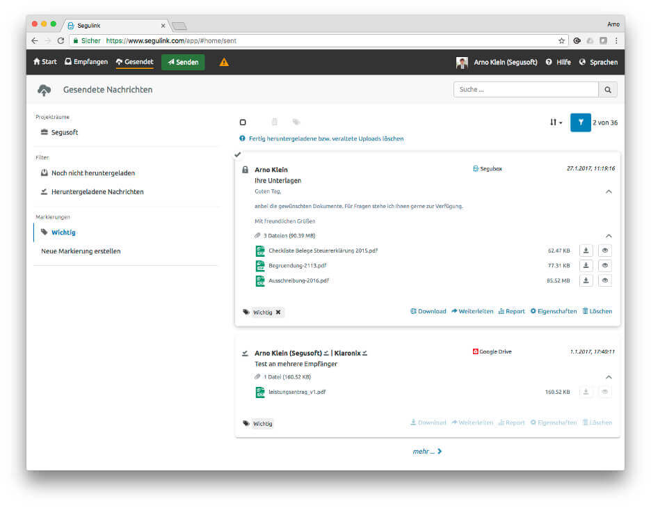 Screenshot of a data transmission with Segulink