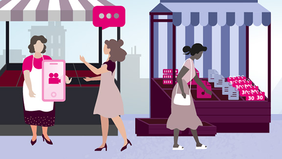 Illustration of people exploring the virtual Open Telekom Cloud marketplace.