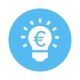 Blue icon of a bulb with a euro sign.