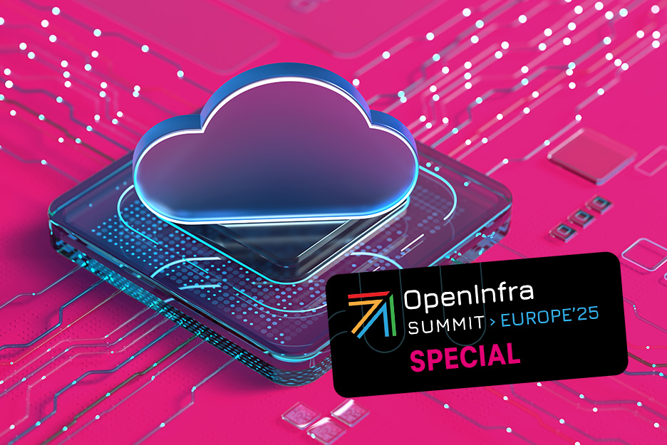 3D rendering of a glowing cloud on a microchip, magenta circuit board background with the text OpenInfra Summit Europe 2025 Special