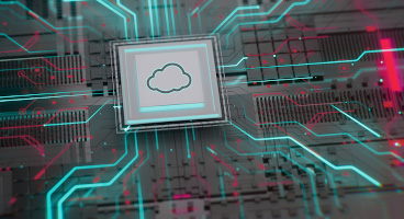 Symbolic representation of a cloud chip on a circuit board with digital data streams.