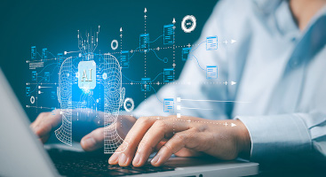 Woman typing on laptop, diagram with grid pattern superimposed over image