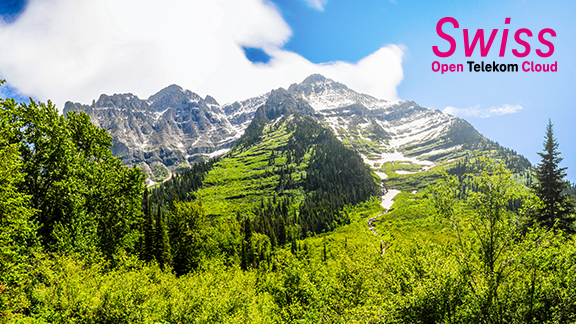 Schweizer Berg mit Logo der Swiss Open Telekom Cloud