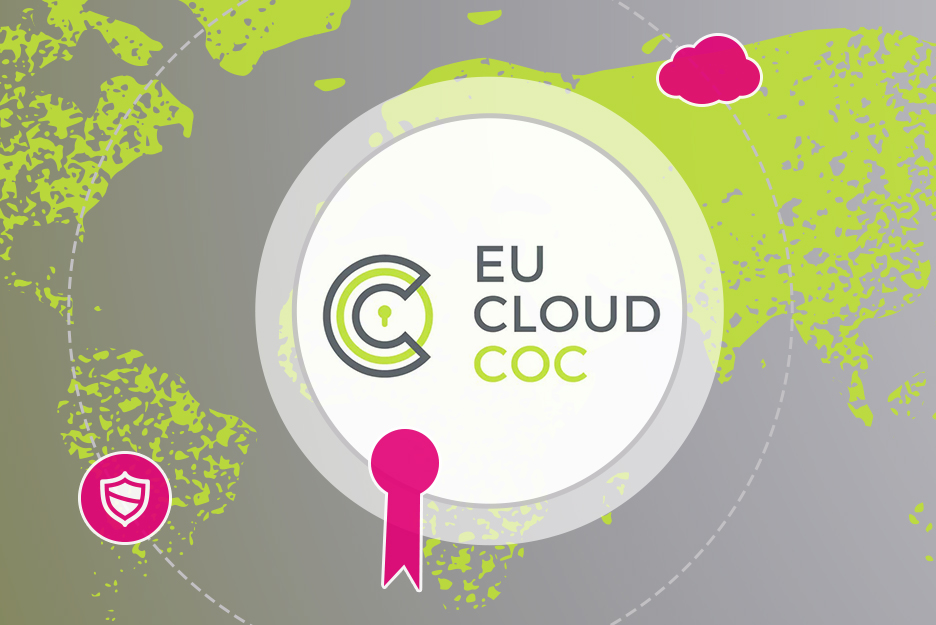 Logo des EU Cloud Code of Conduct vor stilisierter Weltkarte, Symbol für Datenschutz und Cloud-Compliance in der Open Telekom Cloud.