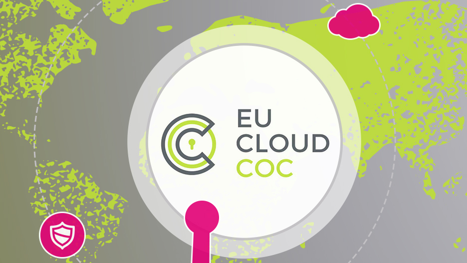 Logo des EU Cloud Code of Conduct vor stilisierter Weltkarte, Symbol für Datenschutz und Cloud-Compliance in der Open Telekom Cloud.