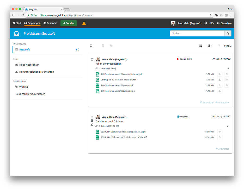 Screenshot of a Segulink project space