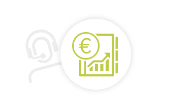 Symbol für steigende Einnahmen auf weißem Hintergrund mit einem Personen-Icon mit Headset.