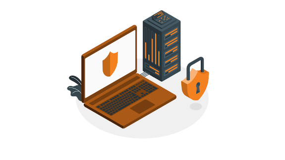 Confidential container: Orange stylised laptop with shield icon in the display, next to it a stylised server tower and lock