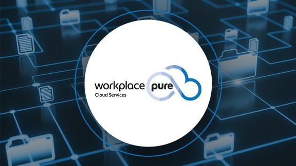 Workplace Pure Logo mit Netzwerk aus Dateisymbolen im Hintergrund